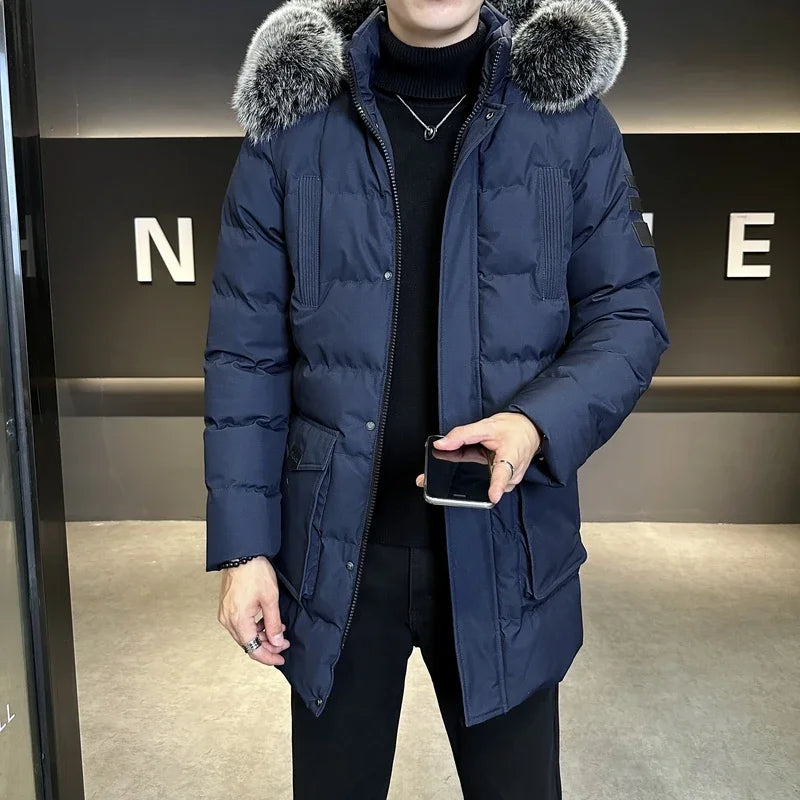Herr vinterjacka vadderad med fuskpäls huva, lång modell