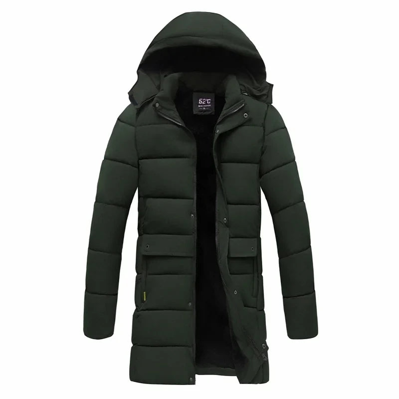 Herr Lång Dunjacka Vinter Varm Parkas med Luva Svarta Fickor