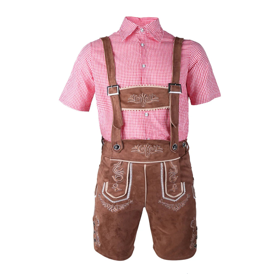 Herr Oktoberfest Lederhosen-set med skjorta, hängslen och hatt, broderade korta byxor