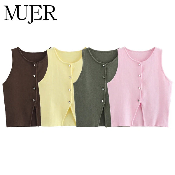 Ärmlös ribbad tröja med knappar, dam – V-ringad crop top