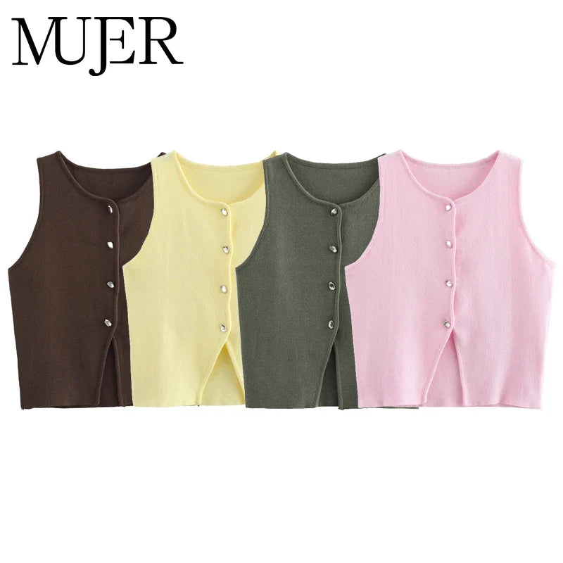 Ärmlös ribbad tröja med knappar, dam – V-ringad crop top