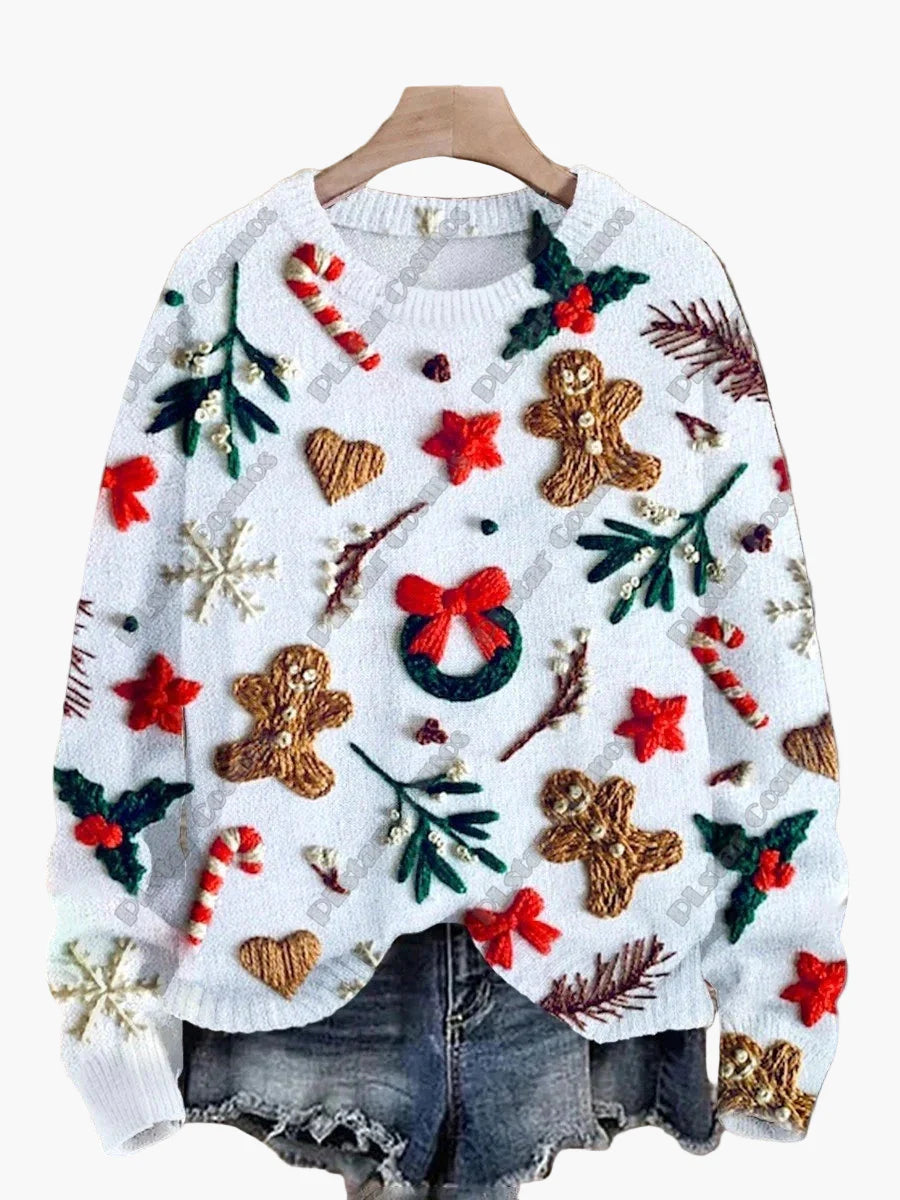 Damtröja julig mönster stickad med broderade motiv – perfekt för vinter och fest