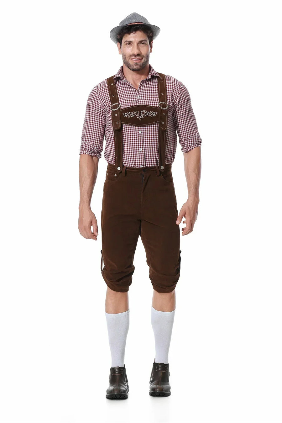 Lederhosen-inspirerad maskeradkostym med rutig skjorta och hängslen för män