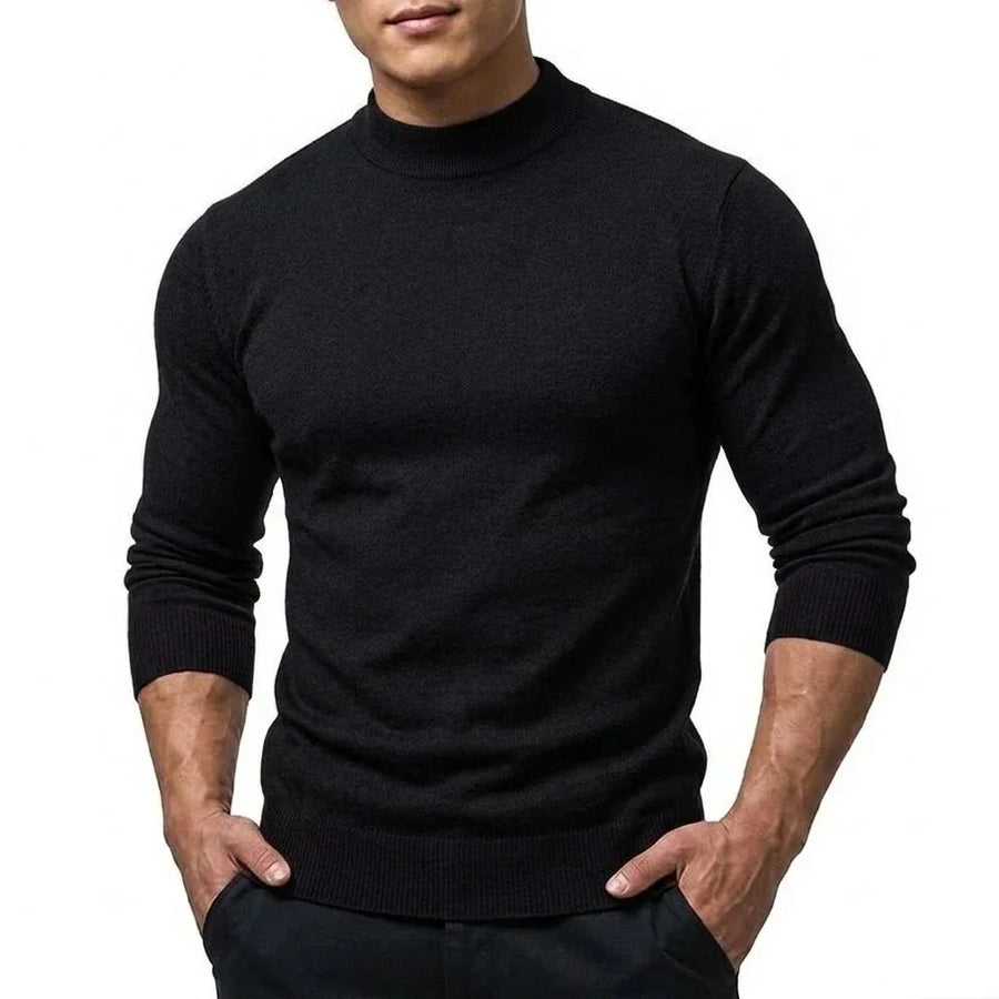 Herrtröja mockneck långärmad ribbstickad kant enfärgad