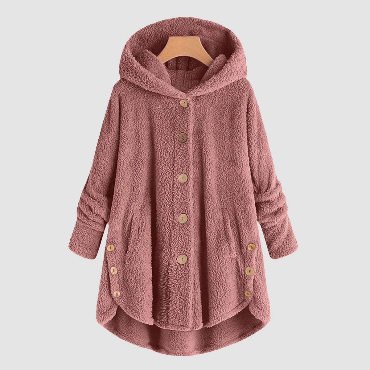 Teddyfleecejacka med huva och knappar, lång modell med asymmetrisk fåll