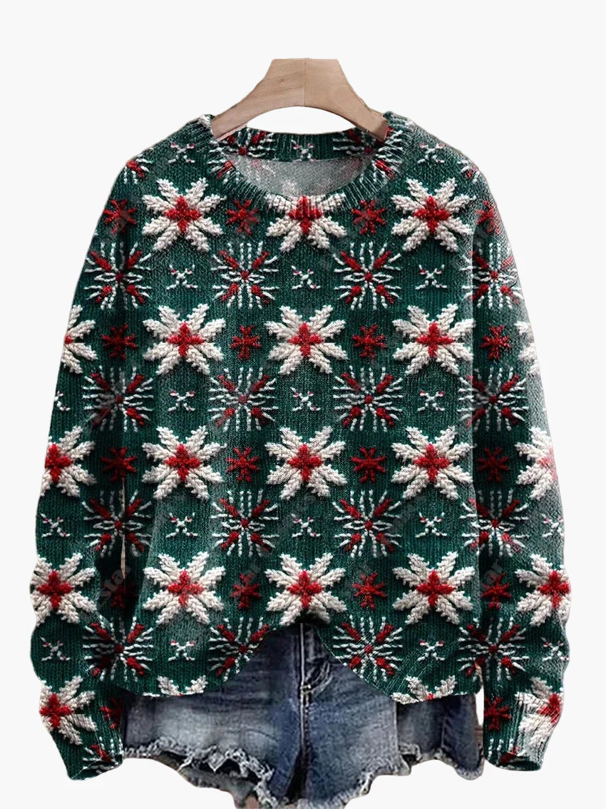 Damtröja julig mönster stickad med broderade motiv – perfekt för vinter och fest