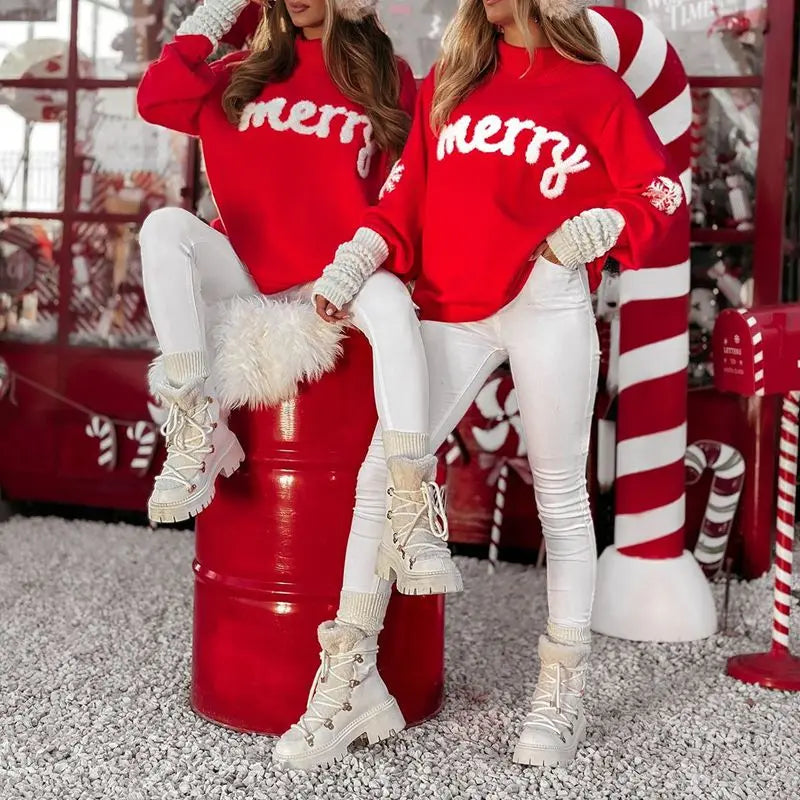 Röd Jultröja med "Merry" Text och Snöflinga