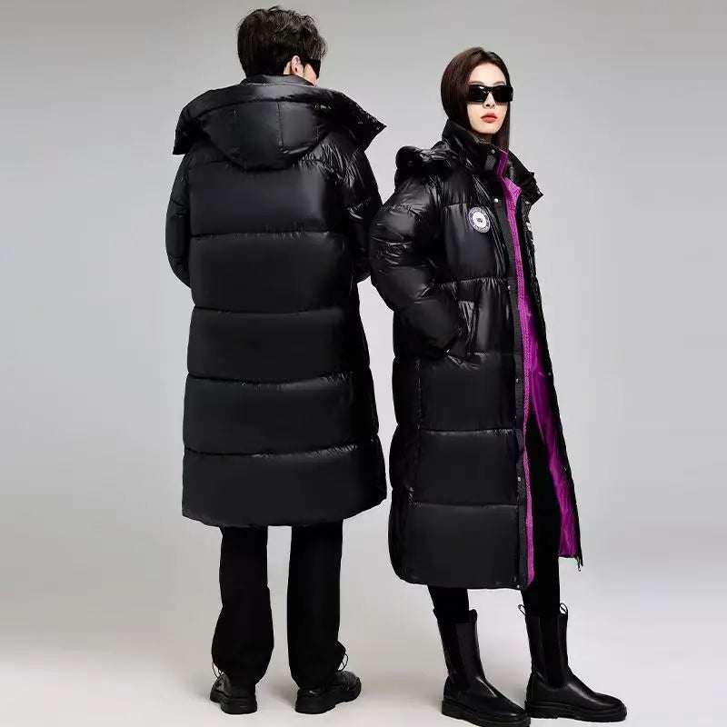 Svart Vinterjacka Lång Pufferjacka med Huva Unisex