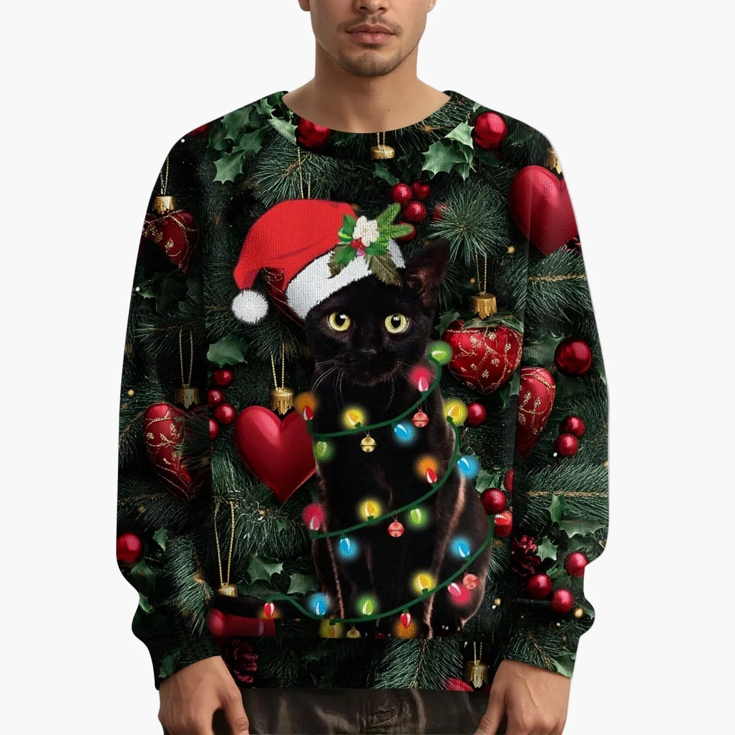 Herr jultröja med kattmotiv och festligt mönster – Perfekt för julfester och mysiga vinterdagar