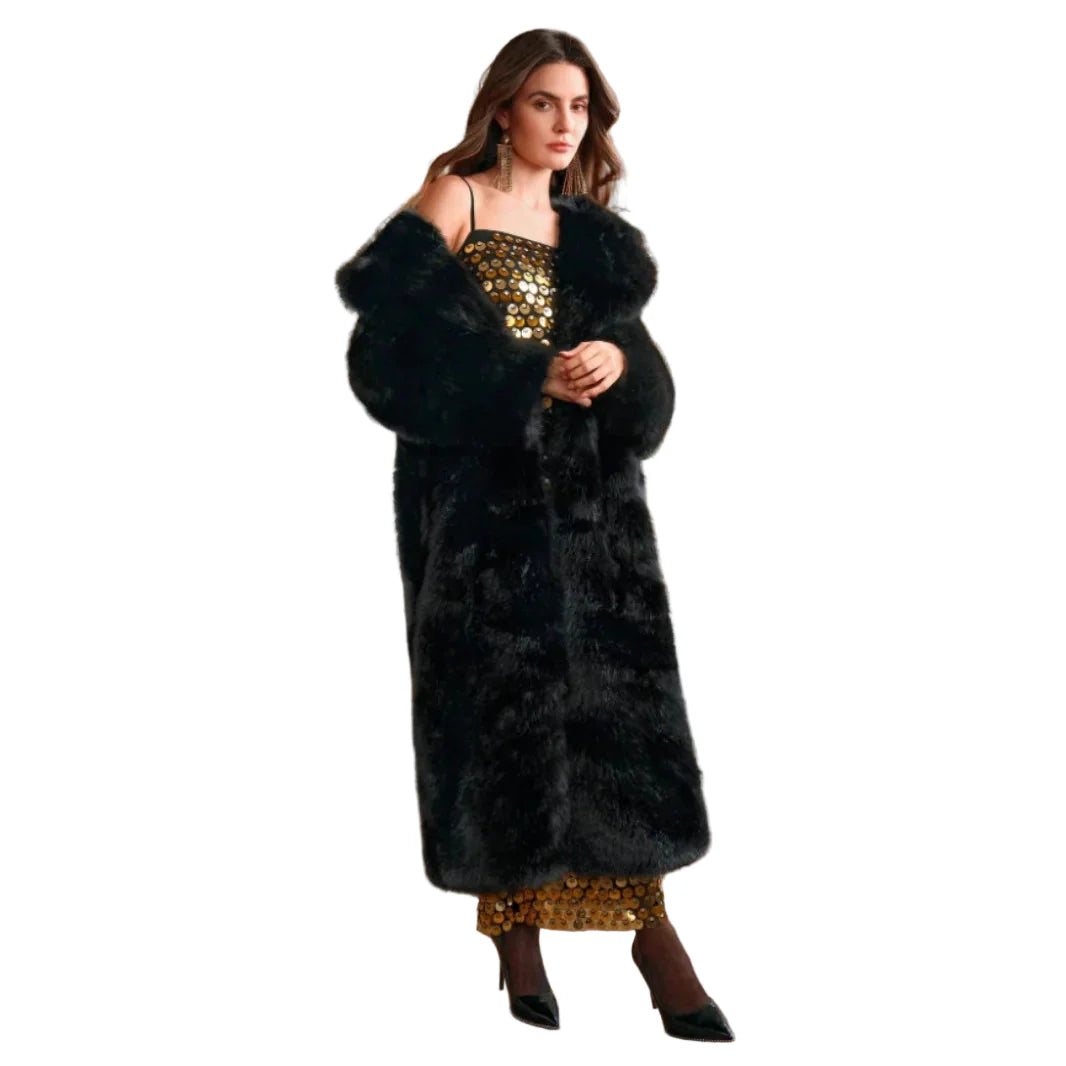 Dam lång lyxig vinterkappa – elegant oversized pälslook för kallare dagar