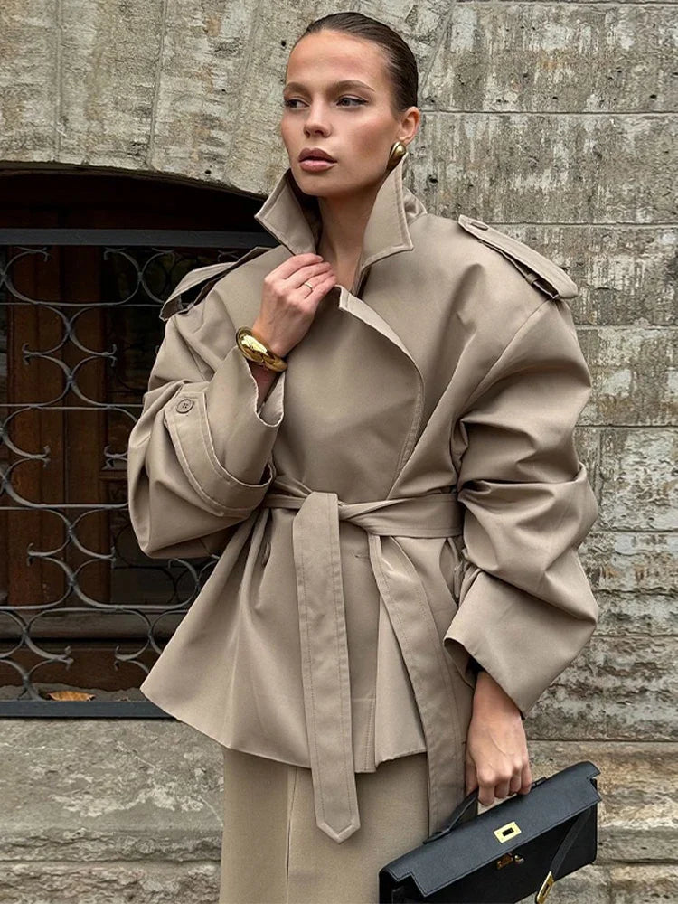 Kvinnors Trenchcoat Oversize med Hög Krage och Bälte