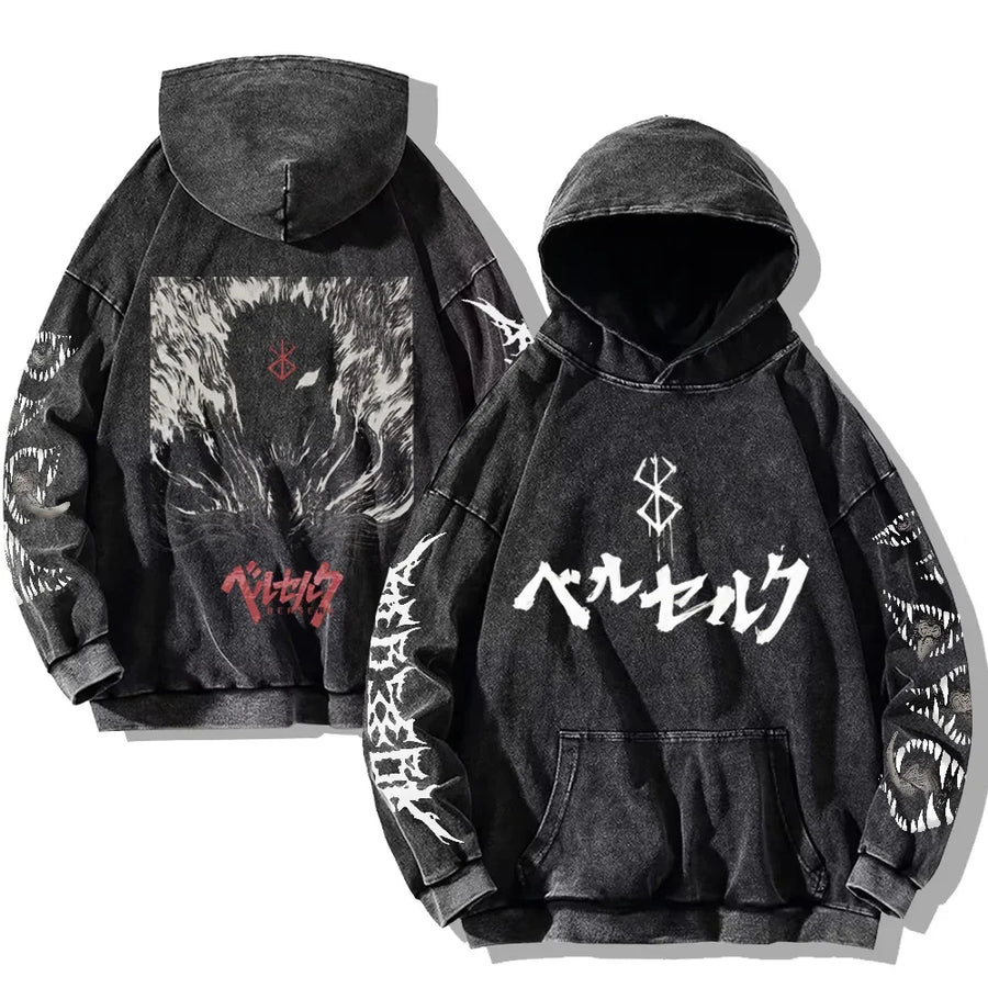 Svart huvtröja med tvättad look och tryck, Unisex Berserk-inspirerad hoodie