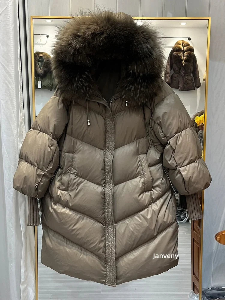 Varm dunjacka med huva och pälskant för kvinnor, vadderad vinterkappa