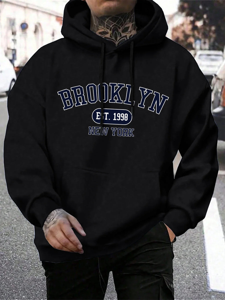 Hoodie med "New York" eller "Brooklyn" tryck, dragsko och känguruficka för män