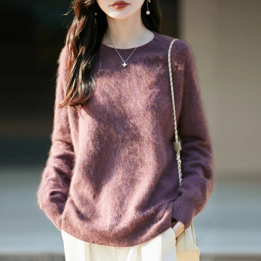 Damtröja med rund hals, enfärgad och lös passform, lång ärm