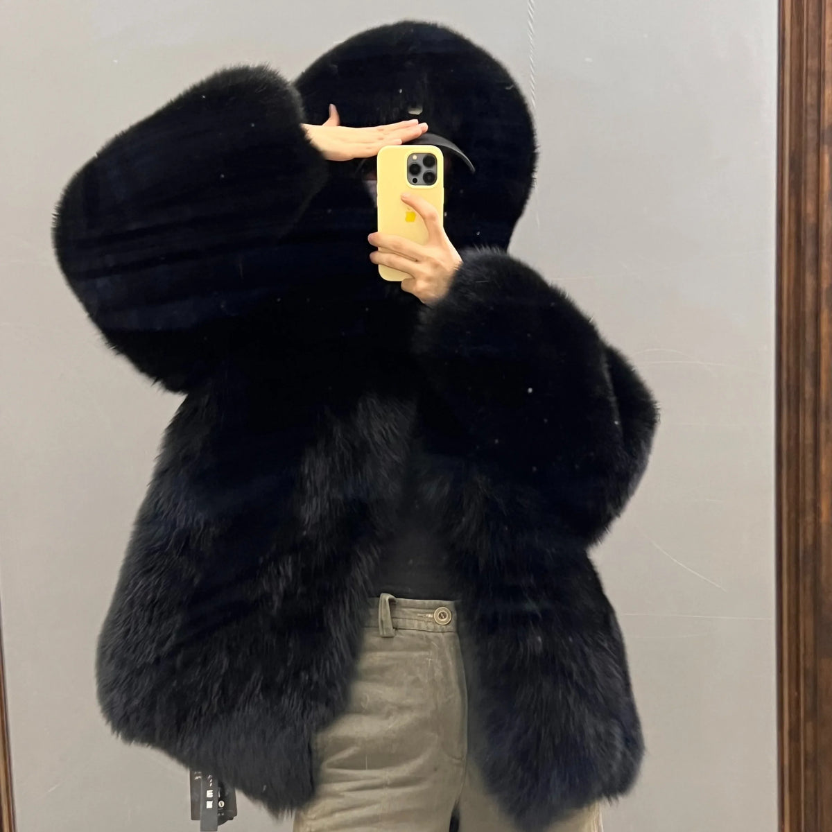 Dam kort fuskpälsjacka med luva fluffig varm vinterjacka