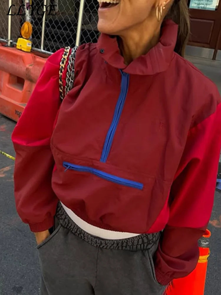 Färgad vindjacka med dragkedja Dam kort träningsjacka Långärmad crop top