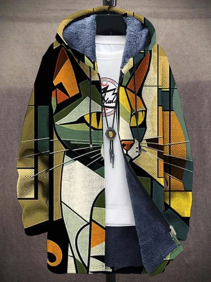 Ruth – Unisex Färgglad Katt-Print Huvtröja med Varm Fleecefoder och Konstnärlig Design