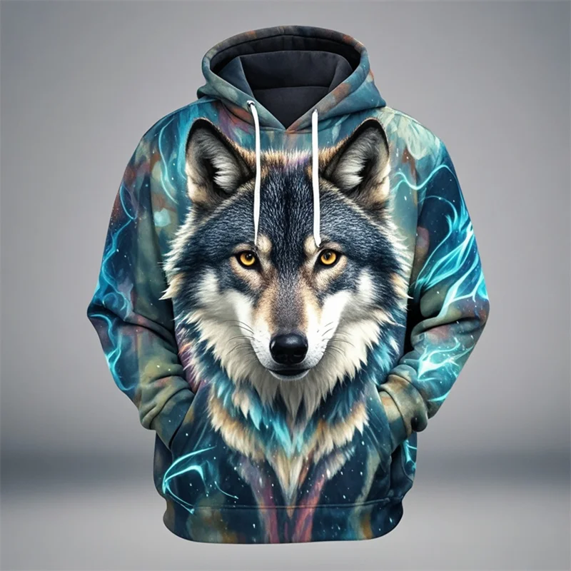 Hoodie med Lejonansikte 3D-tryck, Unisex Tröja med Huva och Känguruficka