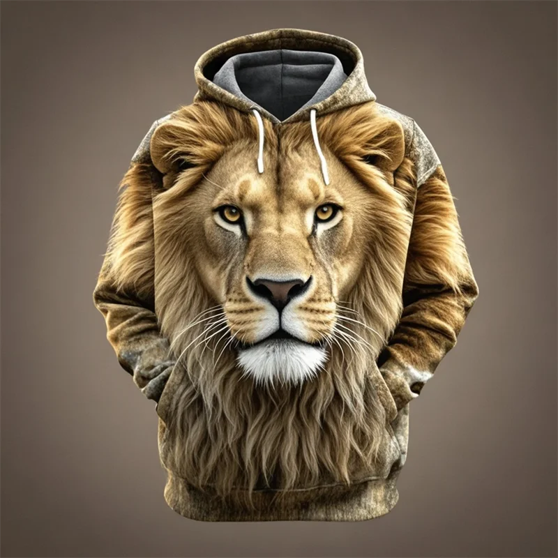 Hoodie med Lejonansikte 3D-tryck, Unisex Tröja med Huva och Känguruficka