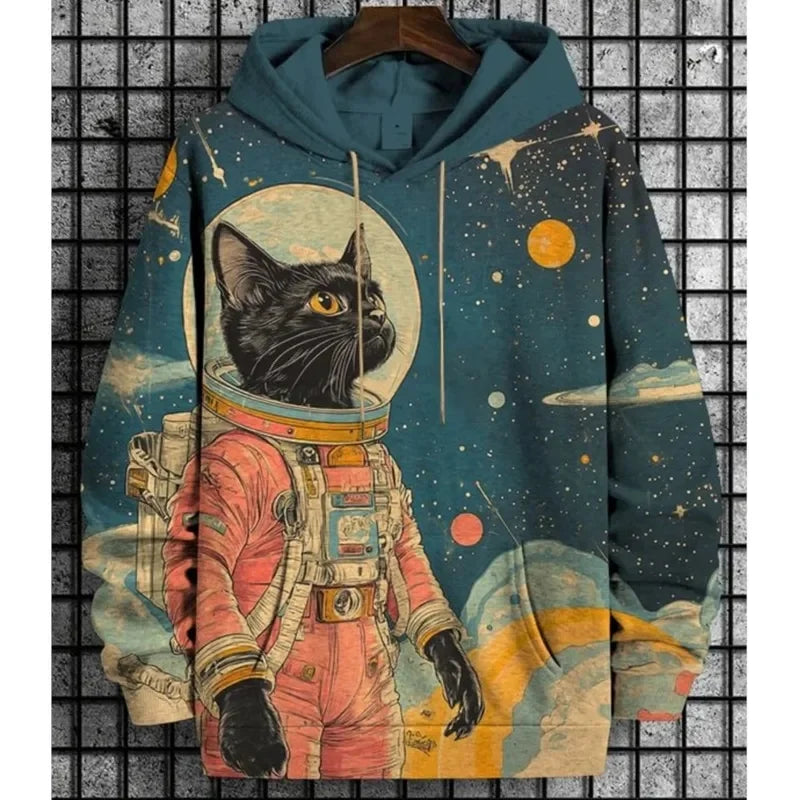 Hoodie med kattmotiv, tryck och huva, lång ärm
