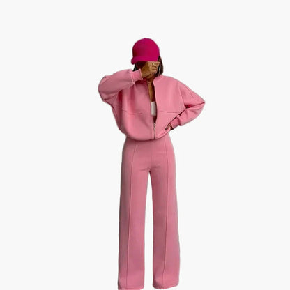 Damers Loungewear Set med Vid Passform – Avslappnad Träningsdräkt med Dragkedja och Vida Byxor