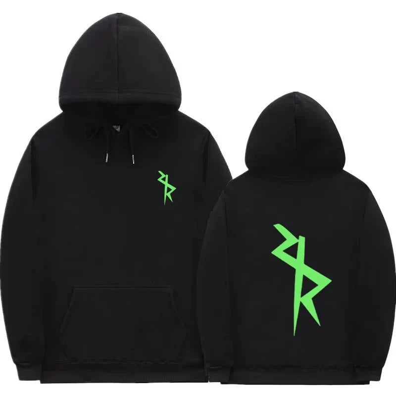 Hoodie med tryck, känguruficka och dragsko – svart, grå, vit