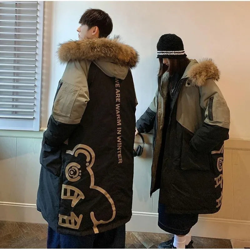 Unisex Lång Vinterjacka med Konstpälsfodrad Huva och Tvåfärgad Design