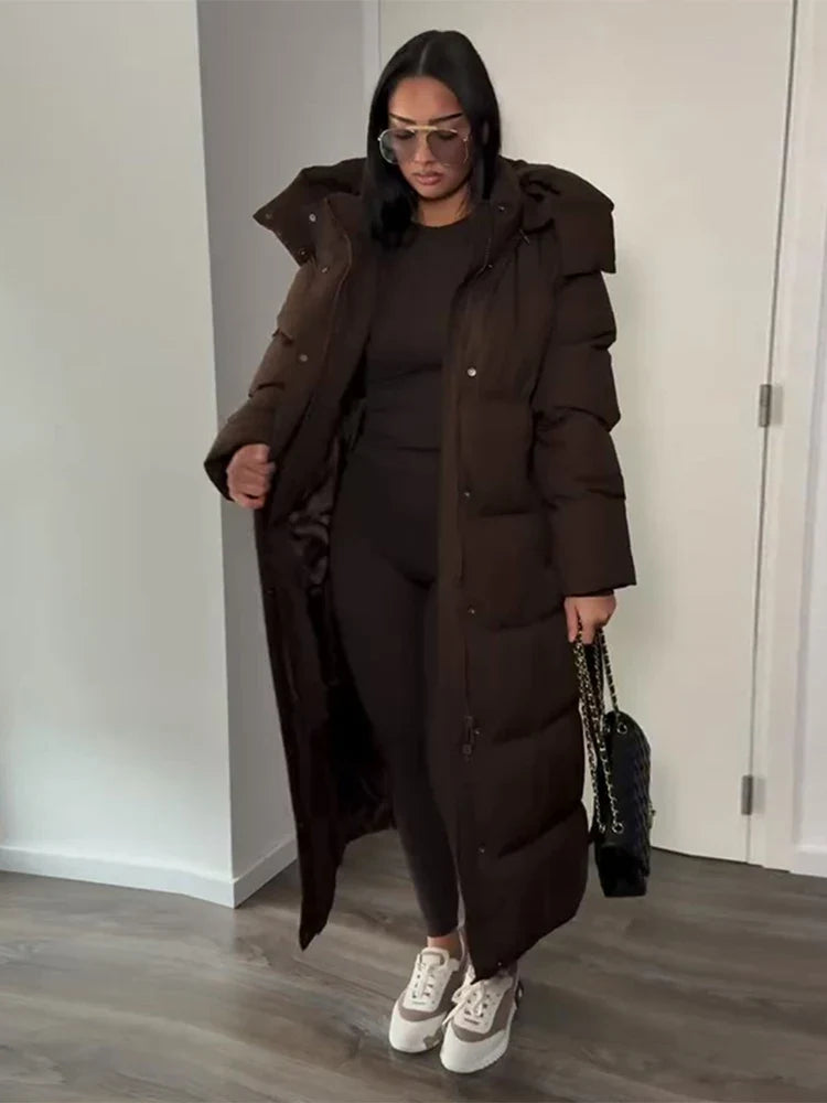 Lång Dunjacka Dam med Bälte och Huva Svart Brun Beige Vinterjacka