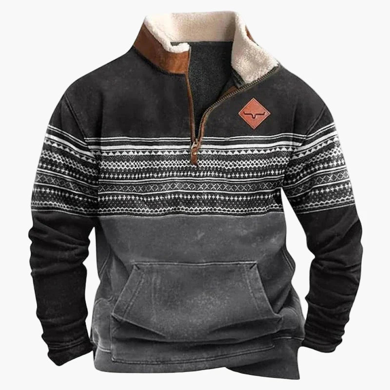 Herrar Western Fleece Pullover – Etno Mönstrad Tröja med Kvartdragkedja och Buffelmotiv