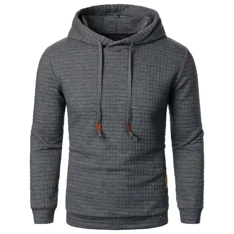 Rutig hoodie i stickat material med huva och dragsko