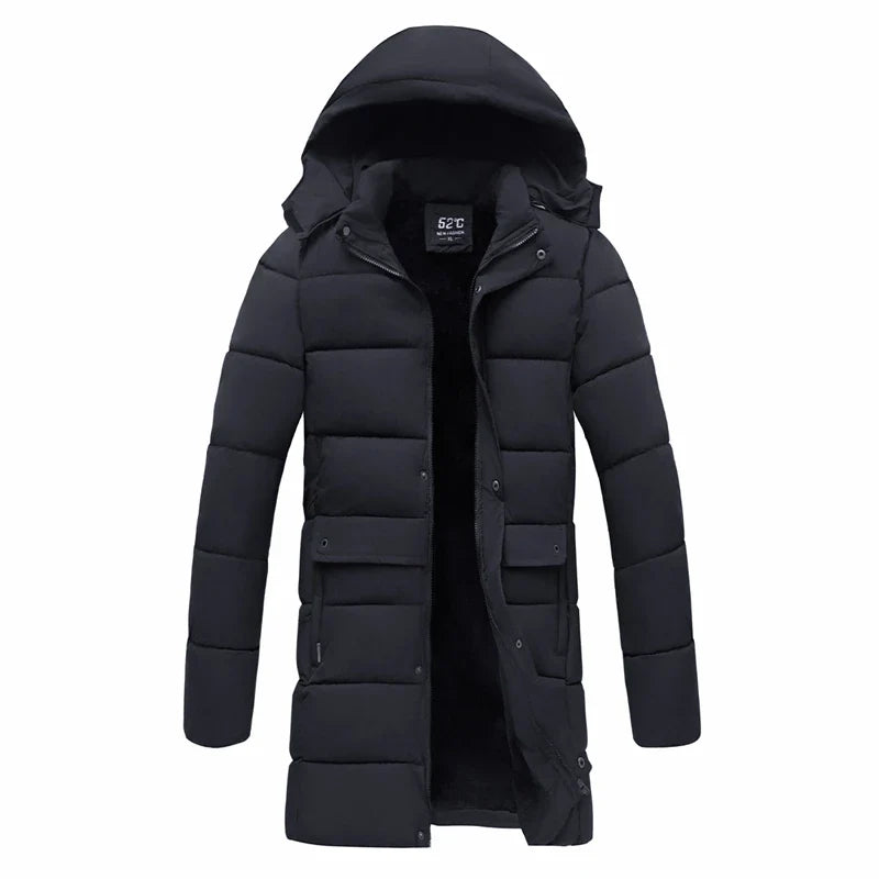 Herr Lång Dunjacka Vinter Varm Parkas med Luva Svarta Fickor