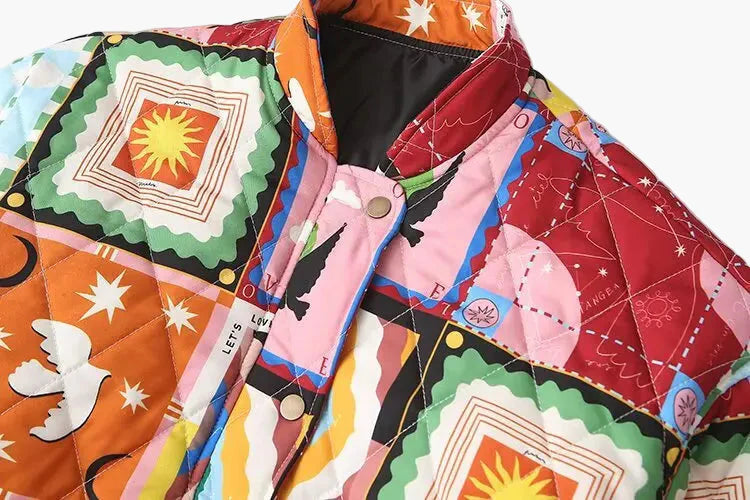 Unisex quiltad patchwork-bomberjacka – Bohemisk streetwear med grafiskt tryck