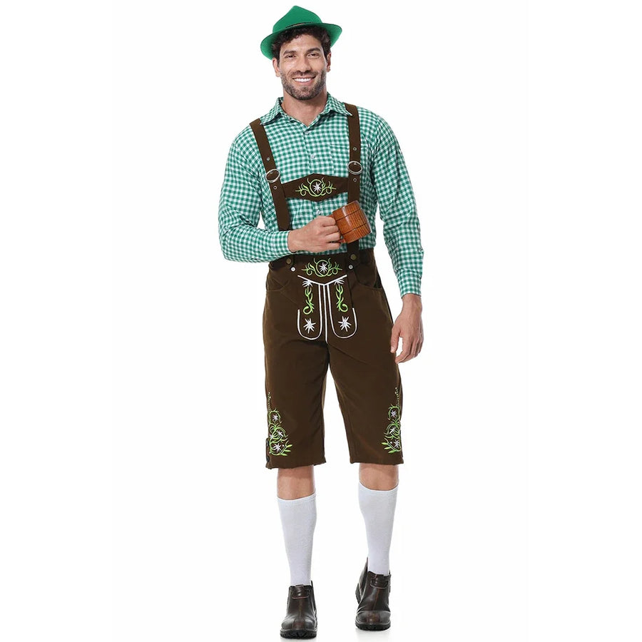 Herr Oktoberfestdräkt Brun/Svart Komplett Set Rutig Skjorta Hängselbyxor och Hatt