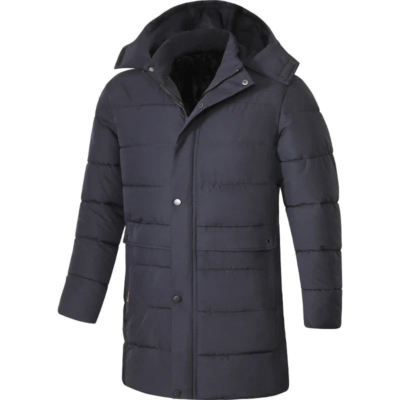 Herr Lång Dunjacka Vinter Varm Parkas med Luva Svarta Fickor