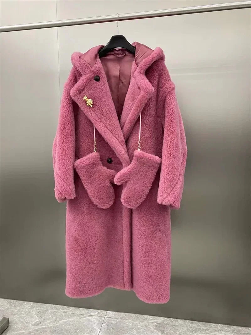 Teddykappa med luva och vantar, lång modell i mjukt material för dam