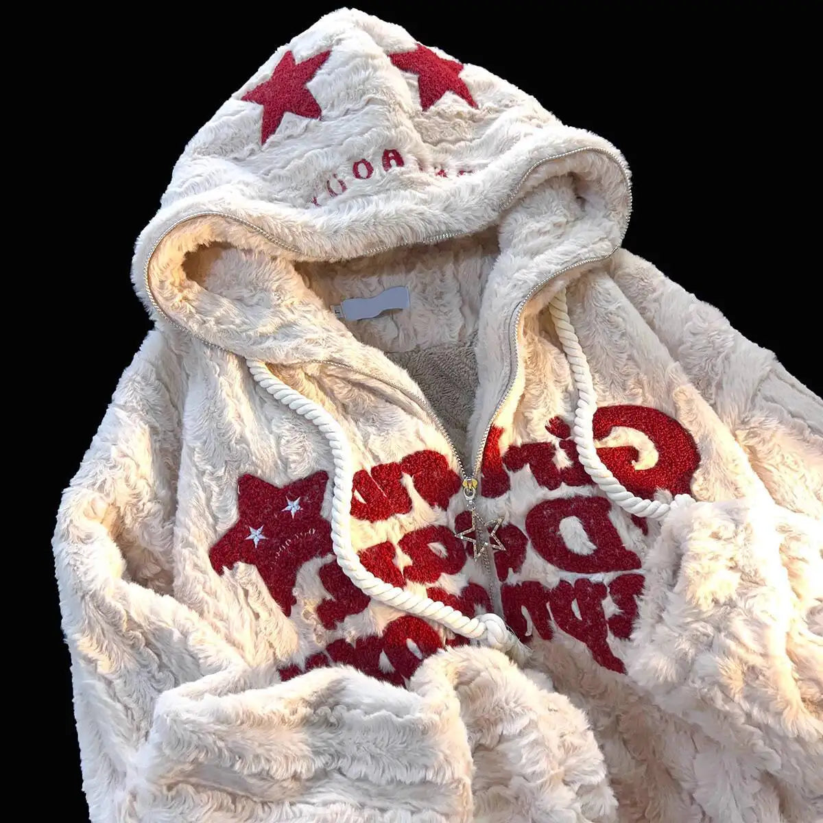 Mjuk fluffig hoodie med dragkedja och stjärnmönster