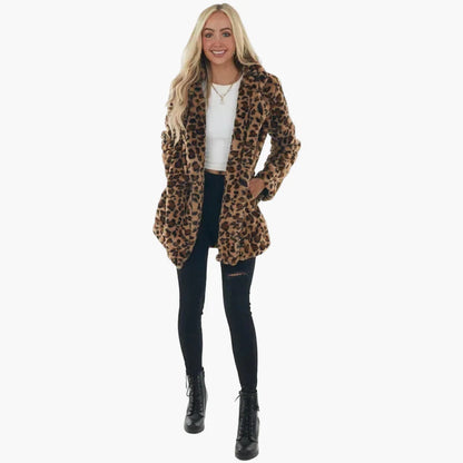 Damjacka med Leopardmönster – Trendig och Varm Höst/Vinterjacka för Kvinnor