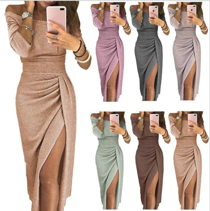 Damklänning Off Shoulder Elegant Festklänning med Hög Slits – Perfekt för Kväll & Party