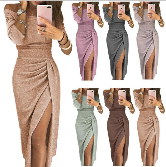 Damklänning Off Shoulder Elegant Festklänning med Hög Slits – Perfekt för Kväll & Party