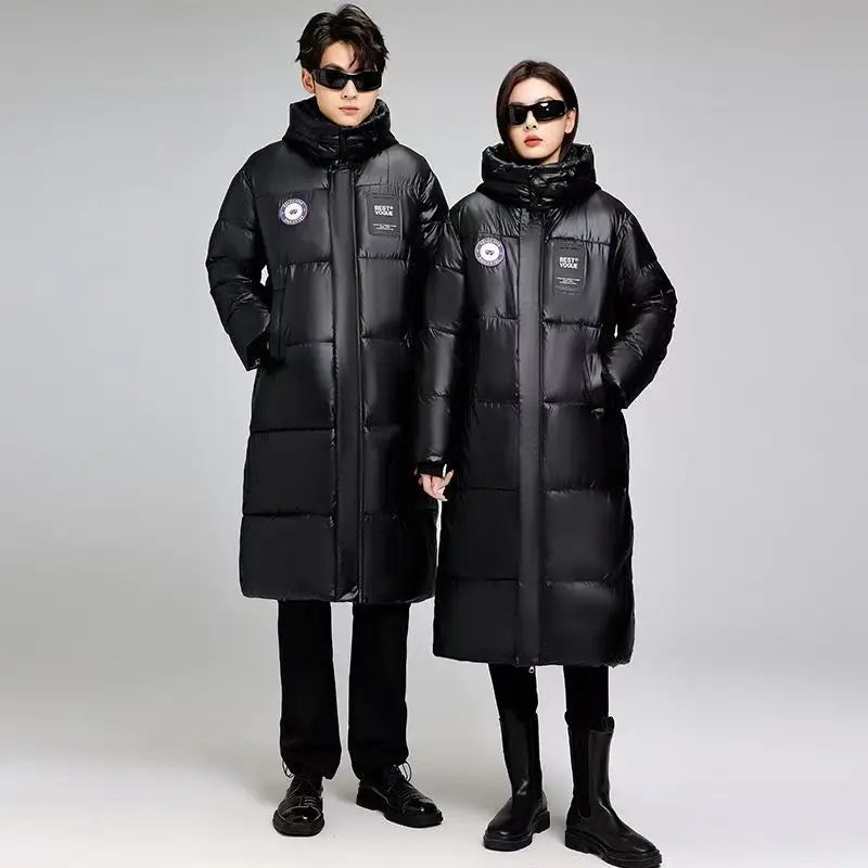 Svart Vinterjacka Lång Pufferjacka med Huva Unisex