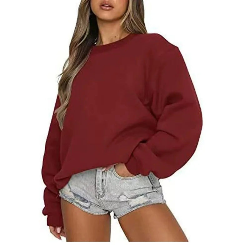 Enfärgad Sweatshirt för Dam med Rund Hals