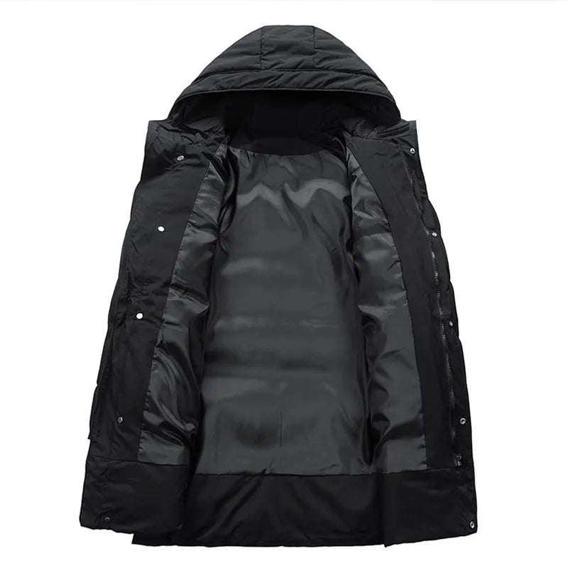 Herr Lång Dunjacka med Huva, Vinterjacka, Varm Vadderad Parkas