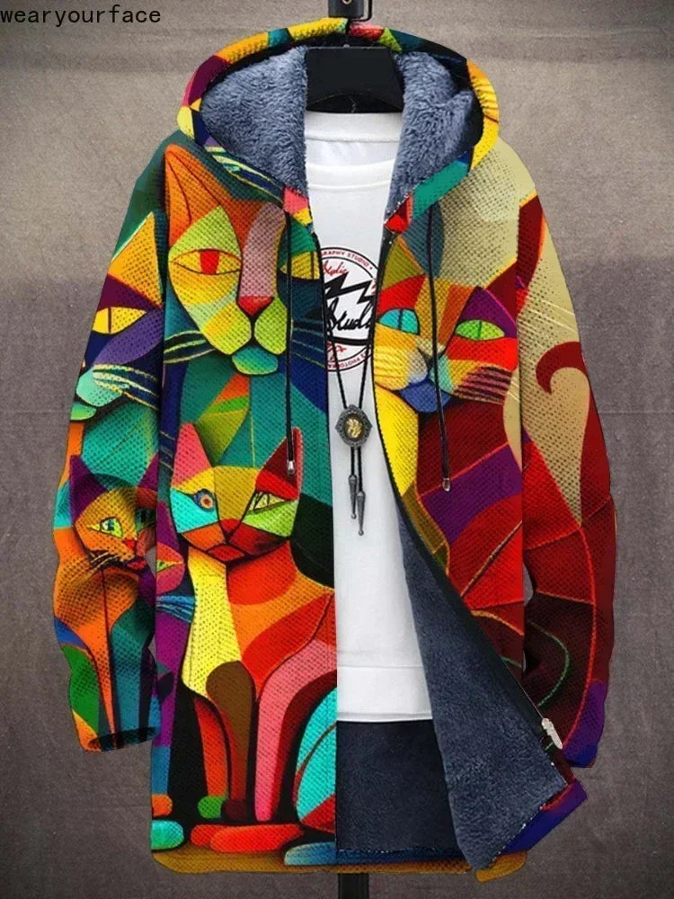 Ruth – Unisex Färgglad Katt-Print Huvtröja med Varm Fleecefoder och Konstnärlig Design