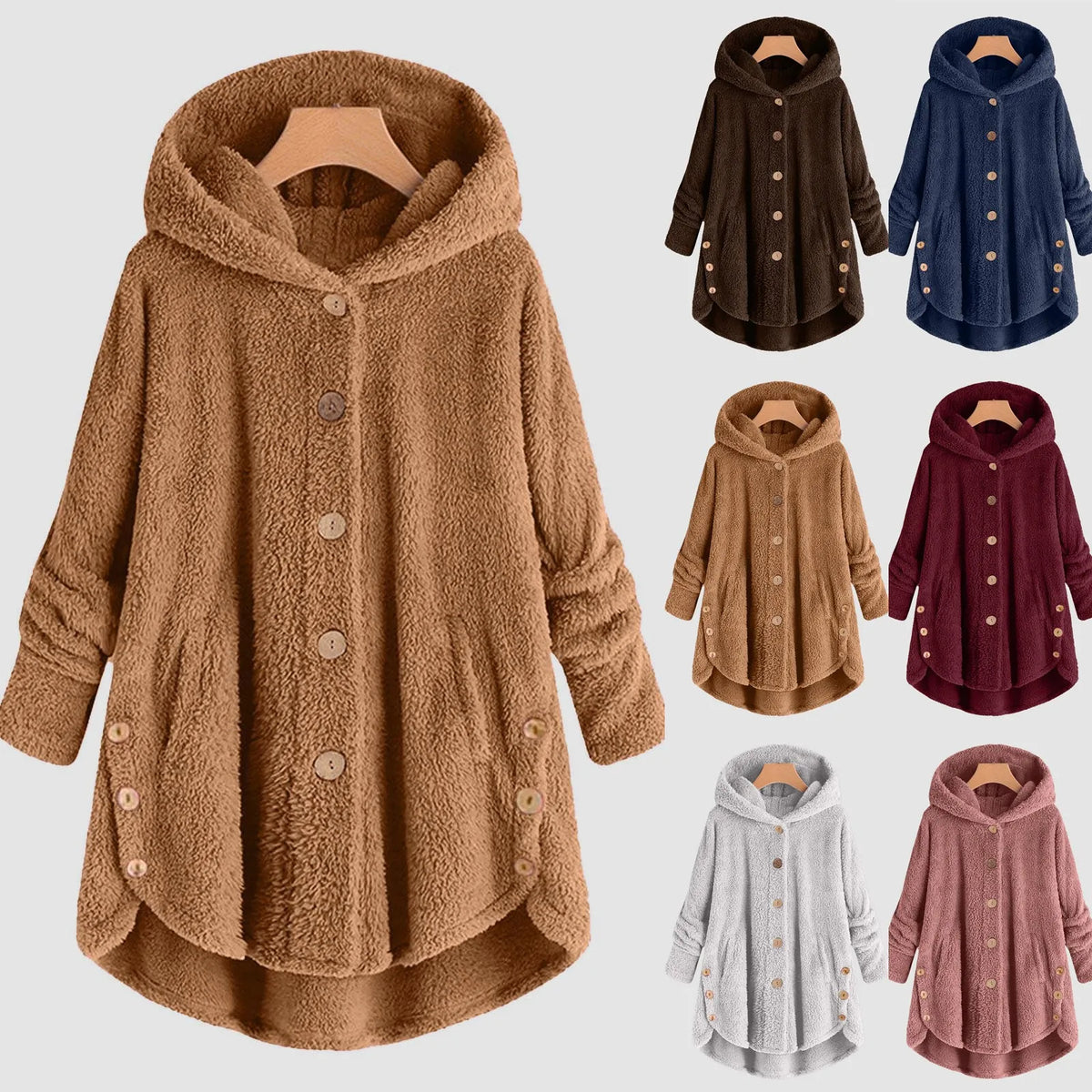 Teddyfleecejacka med huva och knappar, lång modell med asymmetrisk fåll
