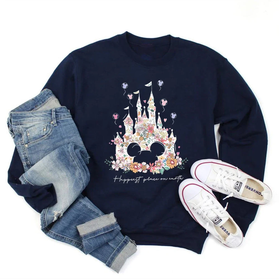 Vit sweatshirt med slottstryck och blommor, långärmad tröja