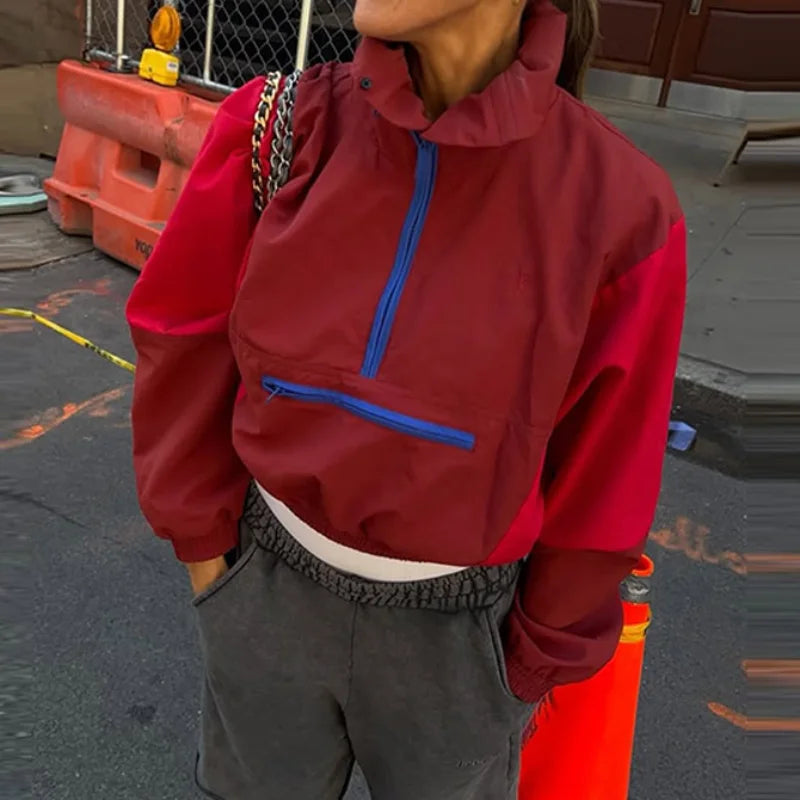 Färgad vindjacka med dragkedja Dam kort träningsjacka Långärmad crop top