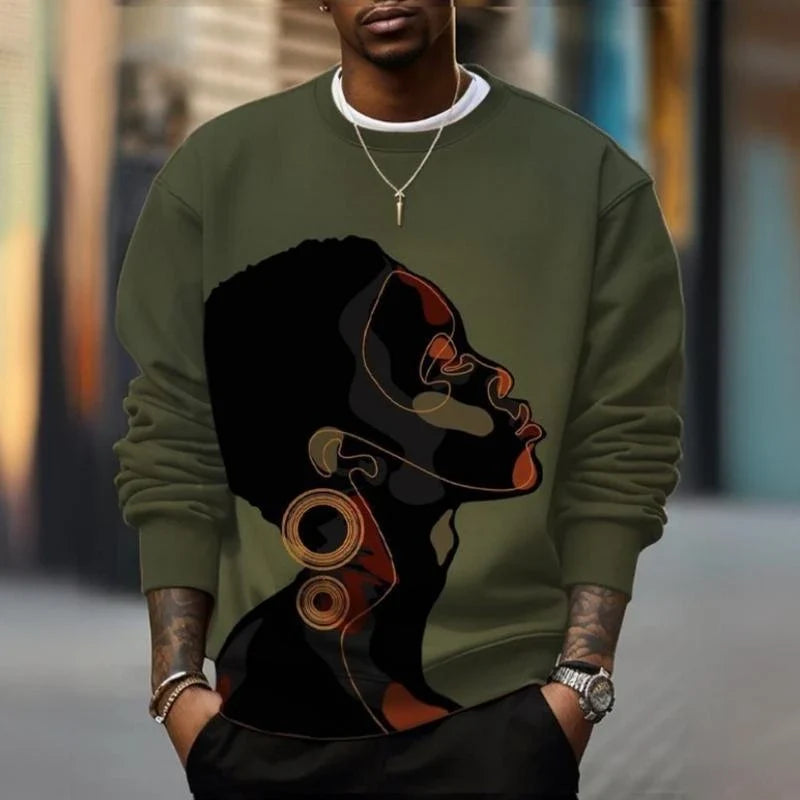 Herrtröja med lång ärm och afrikanskt motiv, mjuk collegetröja