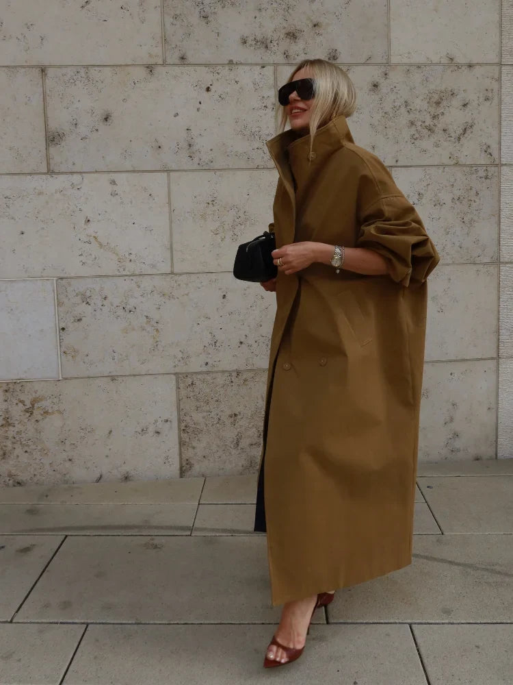 Kvinnors Trenchcoat Oversize med Hög Krage och Bälte