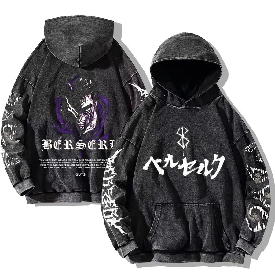 Svart huvtröja med tvättad look och tryck, Unisex Berserk-inspirerad hoodie